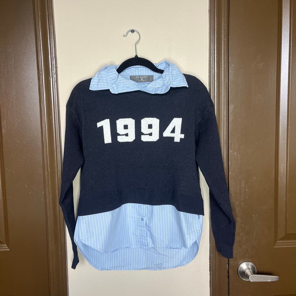 Y2K Primark Blue Striped Preppy Sweater XS Layered Collar 1994 Academia